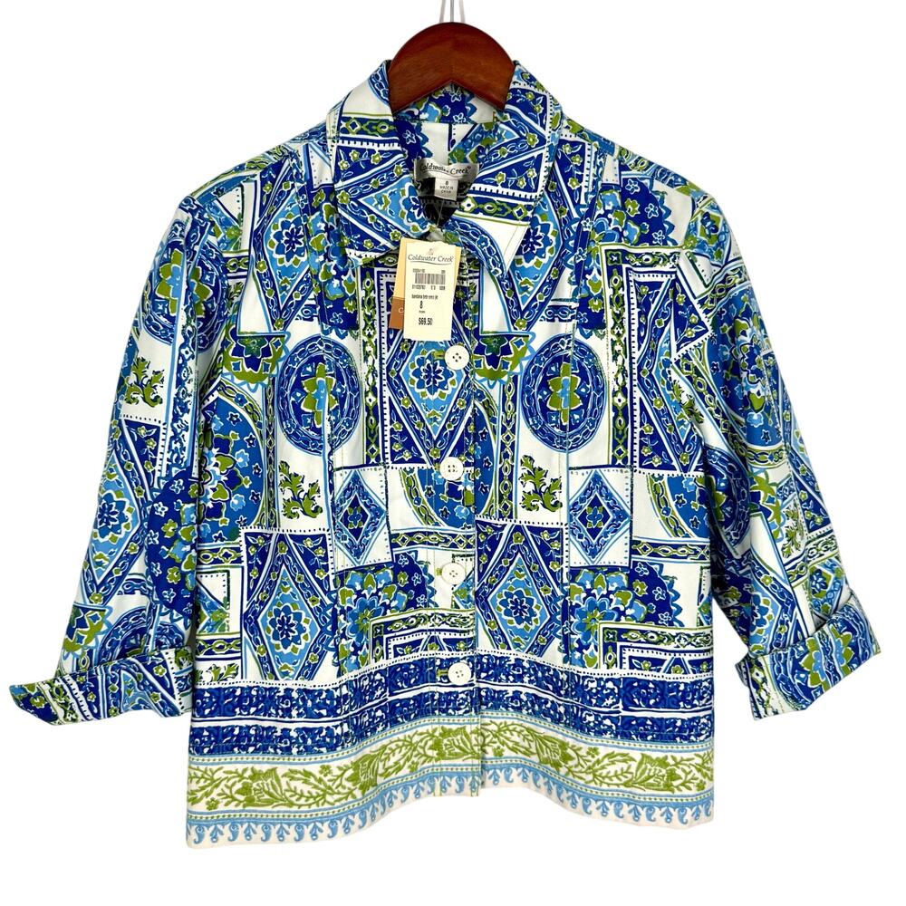 NEW NWT Coldwater Creek Sz 8 Blue Green Embroidered Jacket Blouse Shirt Top
